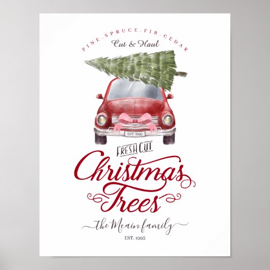 Kerstaven met rode Waterverf Retro-auto, vers gesn Poster (Voorkant)