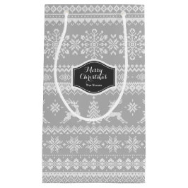 Kerstaveter grijs monogram met fair isle-patroon klein cadeauzakje