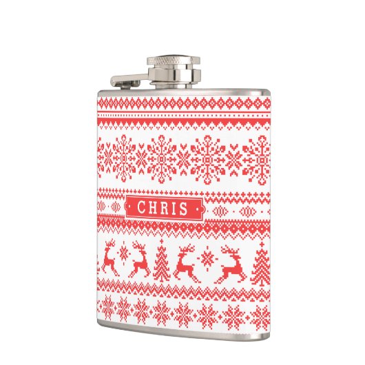 Kerstaveter monogram rode toneelpatroon heupfles (Links)