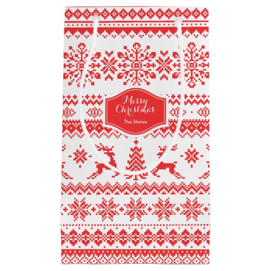 Kerstaveter monogram rode toneelpatroon klein cadeauzakje (Voorkant)