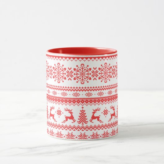 Kerstaveter monogram rode toneelpatroon mok (Midden)