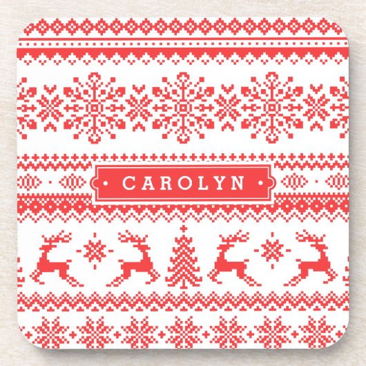 Kerstaveter monogram rode toneelpatroon onderzetter (Voorkant)