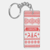 Kerstaveter monogram rode toneelpatroon sleutelhanger (Voorkant Links)