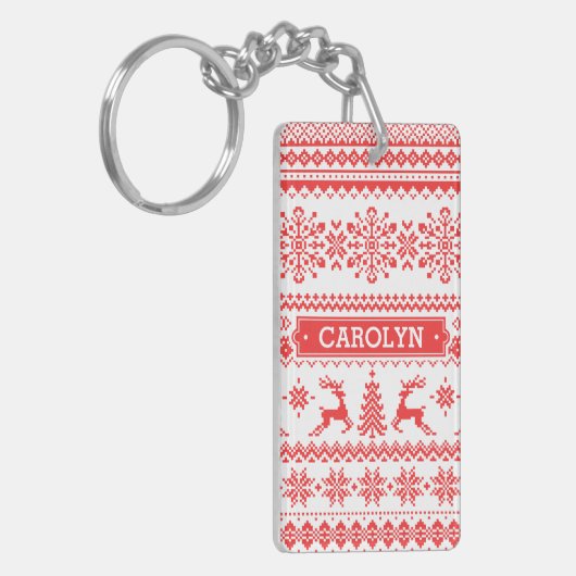 Kerstaveter monogram rode toneelpatroon sleutelhanger (Voorkant Links)