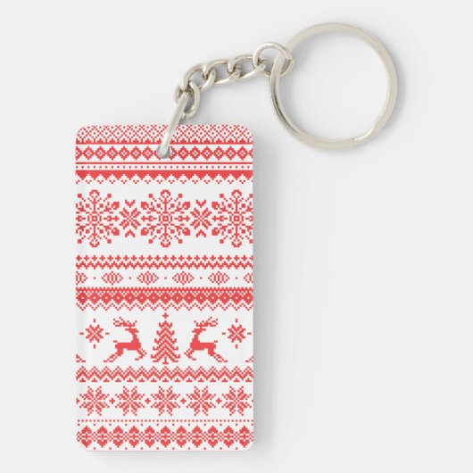 Kerstaveter monogram rode toneelpatroon sleutelhanger (achterkant)