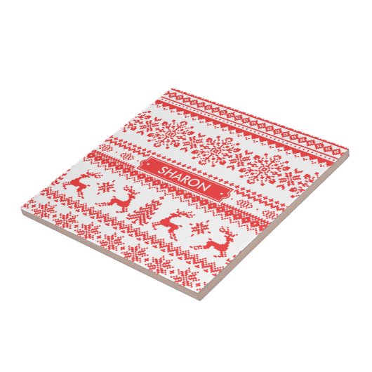 Kerstaveter monogram rode toneelpatroon tegeltje (Zijkant)