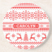 Kerstaveter monogram rode toneelpatroon zandsteen onderzetter (Voorkant)