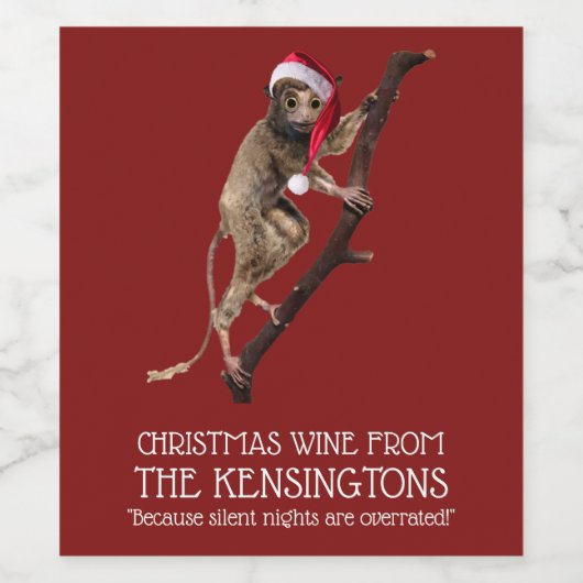Kerstavond Big Eyed Lemur Monkey in Santa Hat Wijn Etiket (Enkel label)