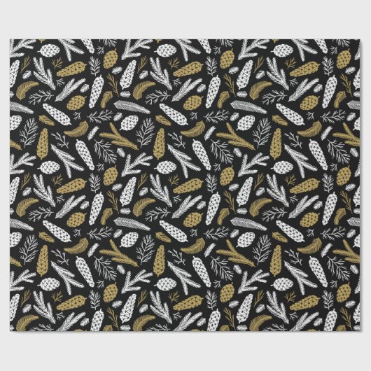 Kerstavond Black Gold Pine Cones Branches Cadeaupapier (Vlak)