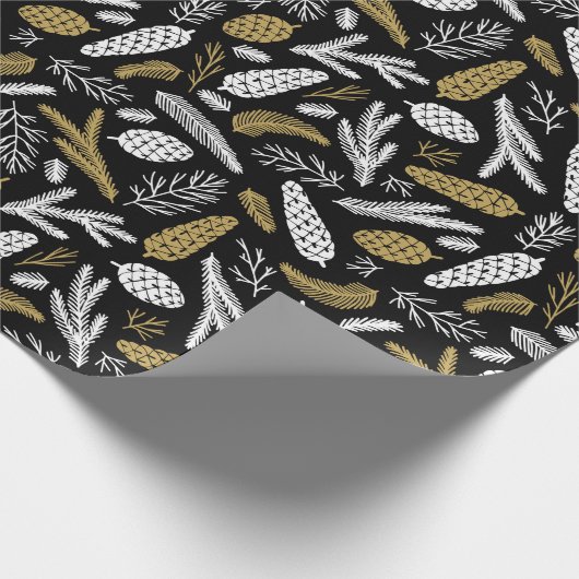 Kerstavond Black Gold Pine Cones Branches Cadeaupapier (Hoek)