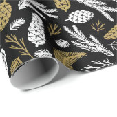 Kerstavond Black Gold Pine Cones Branches Cadeaupapier (Rol Hoek)