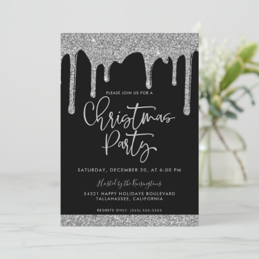 Kerstavond Black Silver Glitter-feestdag Kaart (Staand voorkant)