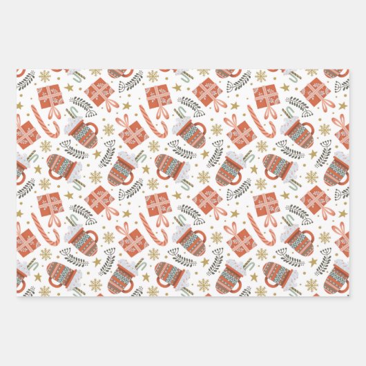 Kerstavond, cacao, bomen en cadeautjes inpakpapier vel (Voorkant)