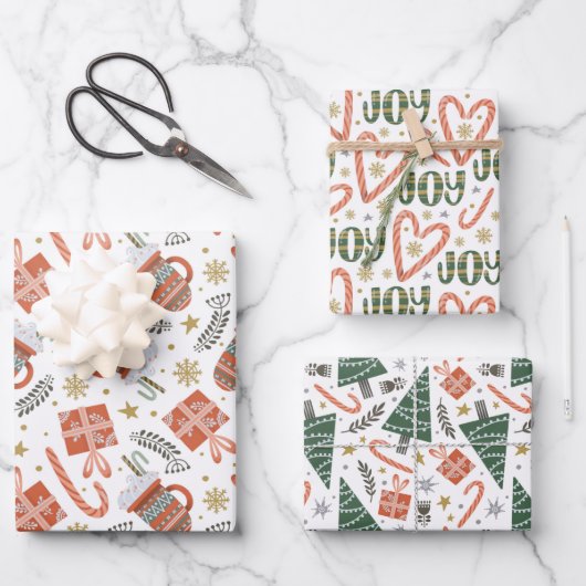 Kerstavond, cacao, bomen en cadeautjes inpakpapier vel (Voorkant)