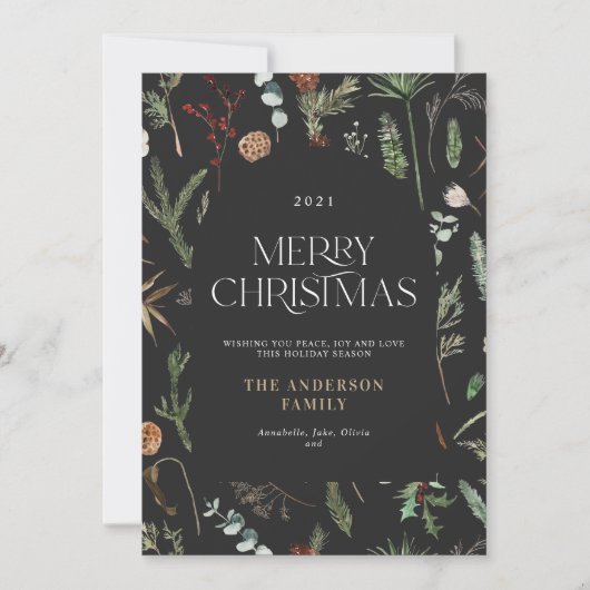 Kerstavond elegant waterverf botanische florale feestdagenkaart (Voorkant)