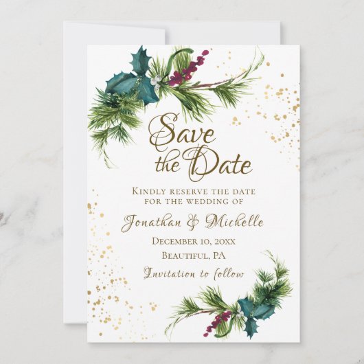 Kerstavond Evergreen Red Berries Winter Wedding Save The Date (Voorkant)