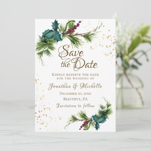 Kerstavond Evergreen Red Berries Winter Wedding Save The Date (Staand voorkant)