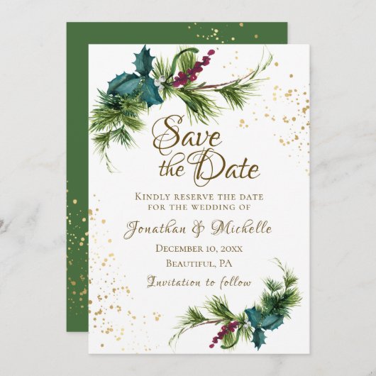 Kerstavond Evergreen Red Berries Winter Wedding Save The Date (Voorkant / Achterkant)