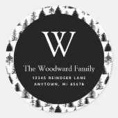 Kerstavond Evergreen Trees zwart en wit adres Ronde Sticker (Voorkant)