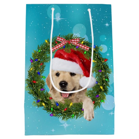 Kerstavond Golden Retriever op aqua bokeh Medium Cadeauzakje (Achterkant)