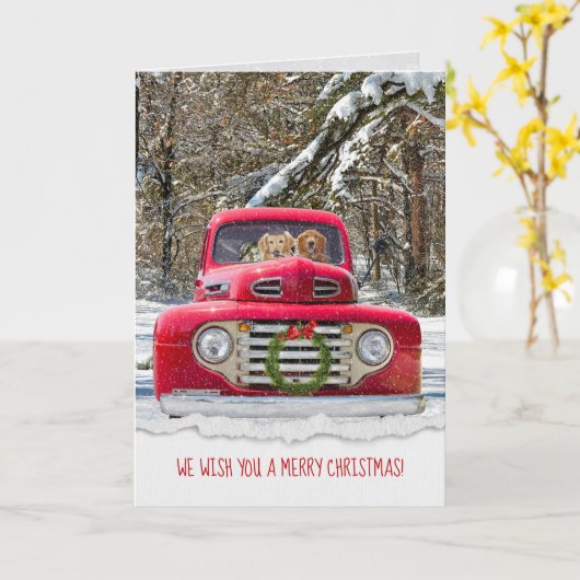 Kerstavond Golden Retrievers in de rode retro truc Kaart (Gele Bloem)