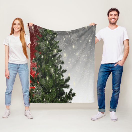 Kerstavond Groene Boom Rode Zilveren Snowflakes Fleece Deken (In situ)