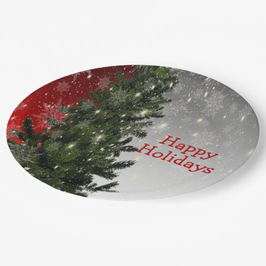 Kerstavond Groene Boom Rode Zilveren Snowflakes Papieren Bordje (Gekanteld)