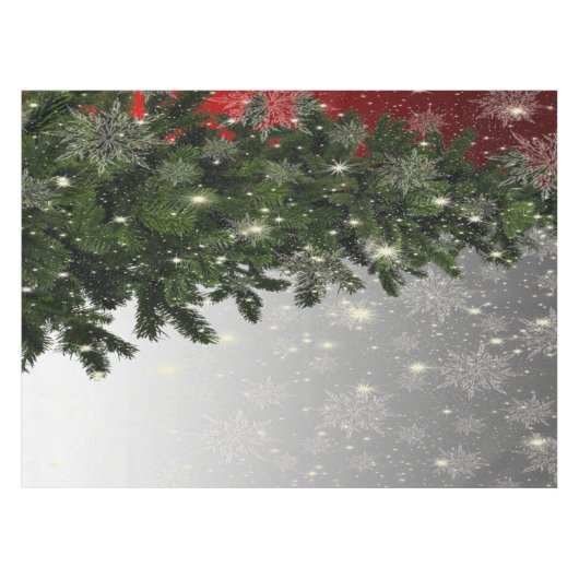Kerstavond Groene Boom Rode Zilveren Snowflakes Tafelkleed (Voorkant (Horizontaal))