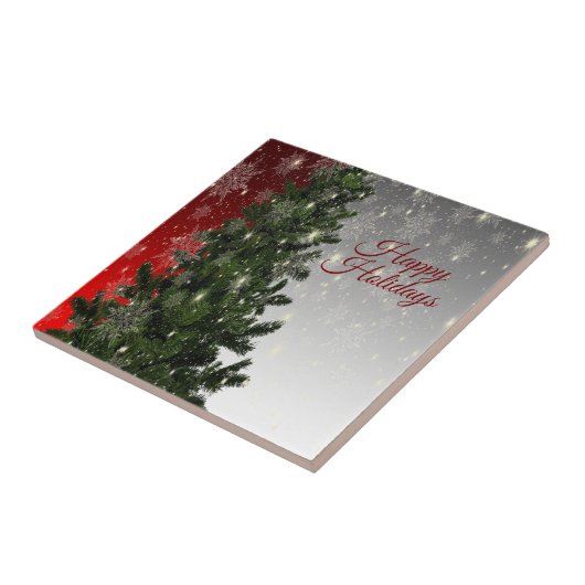 Kerstavond Groene Boom Rode Zilveren Snowflakes Tegeltje (Zijkant)