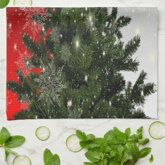 Kerstavond Groene Boom Rode Zilveren Snowflakes Theedoek (Gevouwen)