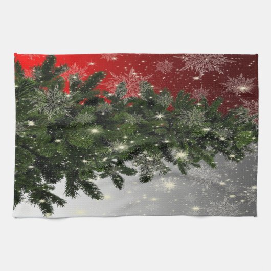 Kerstavond Groene Boom Rode Zilveren Snowflakes Theedoek (Horizontaal)