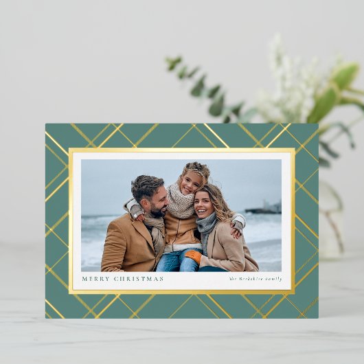 Kerstavond groene gouden eenfotofamilie folie feestdagenkaart (Staand Voorkant)