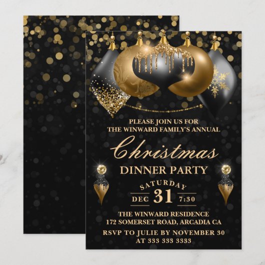 Kerstavond in Black & Gold Baubles Kaart (Voorkant / Achterkant)