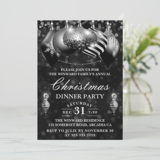 Kerstavond in Black & Silver Baubles Kaart (Staand voorkant)