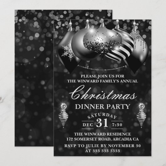 Kerstavond in Black & Silver Baubles Kaart (Voorkant / Achterkant)