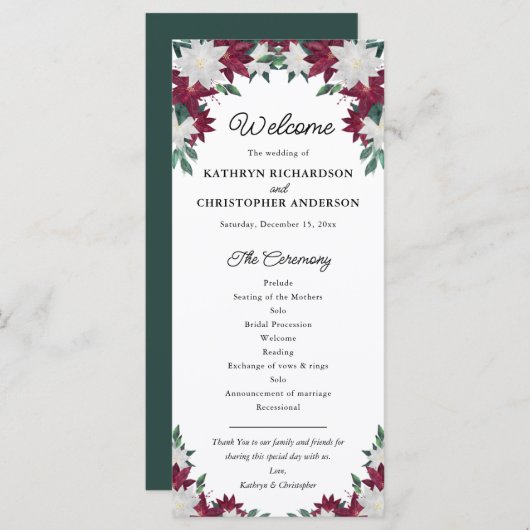 Kerstavond in Burgundy en White Poinsettia Programmakaart (Voorkant / Achterkant)