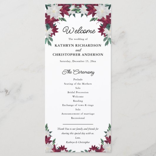 Kerstavond in Burgundy en White Poinsettia Programmakaart (Voorkant)