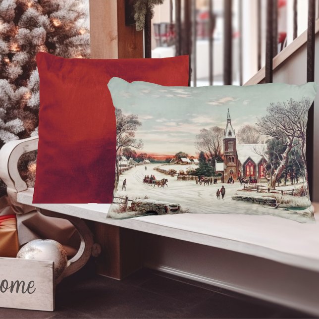 Kerstavond in de sneeuwkerk accent kussen (Vintage Christmas Eve Church in Snow Accent Pillow)