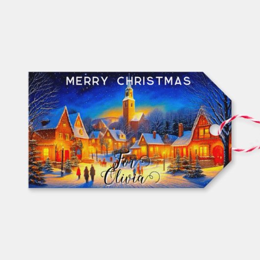 Kerstavond in een verlicht dorp cadeaulabel (Voorkant (Horizontaal))