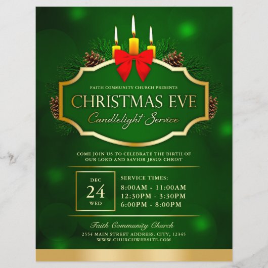 Kerstavond kaarslicht kerkdienst groen flyer (Voorkant)