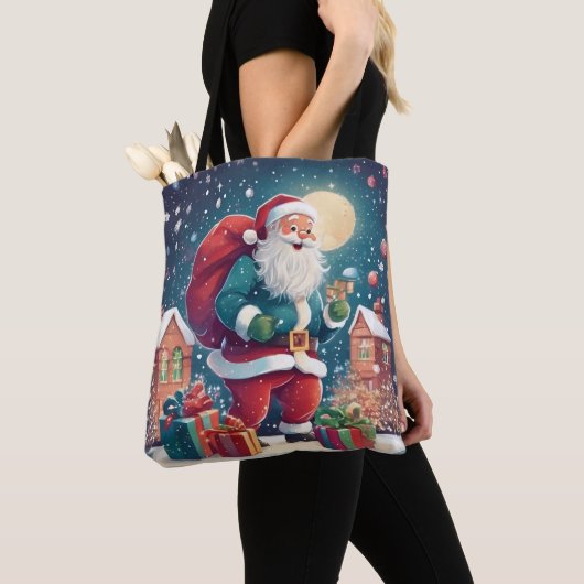 Kerstavond Kerstman Bezorging Cadeaus Sneeuwvlok Tote Bag (Dichtbij)