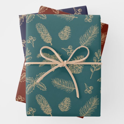 Kerstavond klassieke gouden dennen en botanische p inpakpapier vel (In situ)