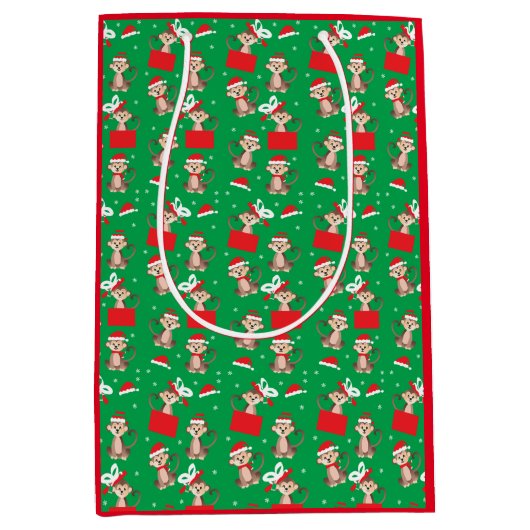 Kerstavond met apenkerstcadeaupatroon groen rood medium cadeauzakje (Voorkant)
