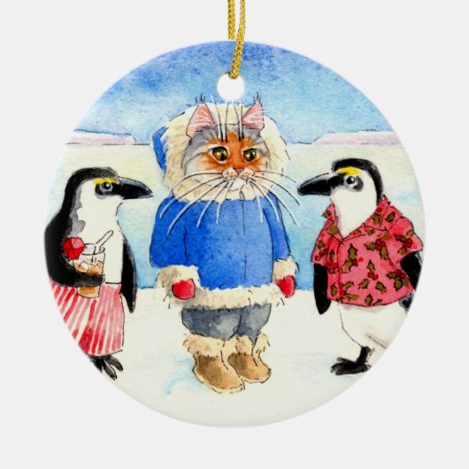Kerstavond met pinguïns en kerst met katten keramisch ornament (Voorkant)