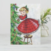  kerstavond met Retro-kerstvrouw, die de boom deco Feestdagenkaart (Staand voorkant)