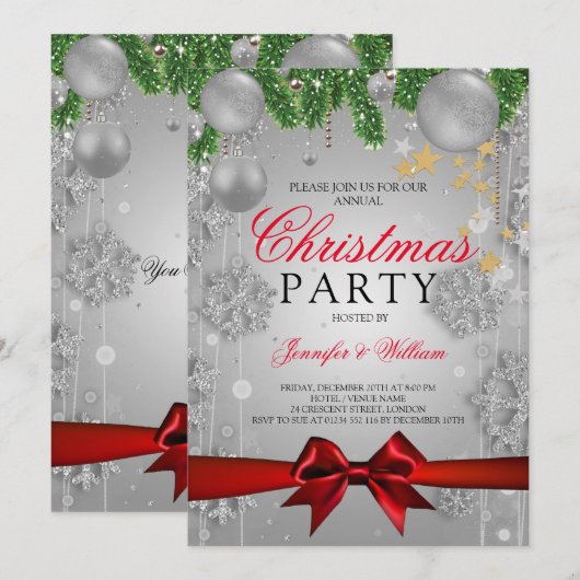 Kerstavond met Silver & Red Glam Kaart (Voorkant / Achterkant)