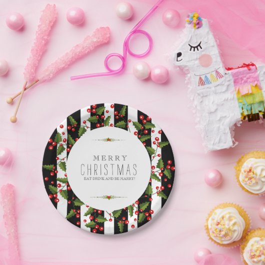 Kerstavond met zwarte en witte strepen papieren bordje (Feest)