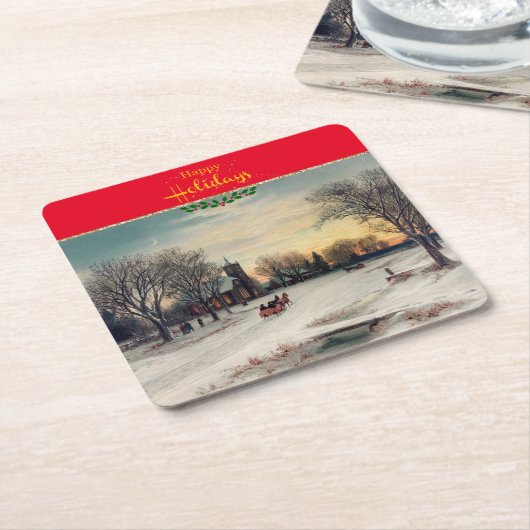 Kerstavond, mooie kunst, kartonnen onderzetters (Schuin)