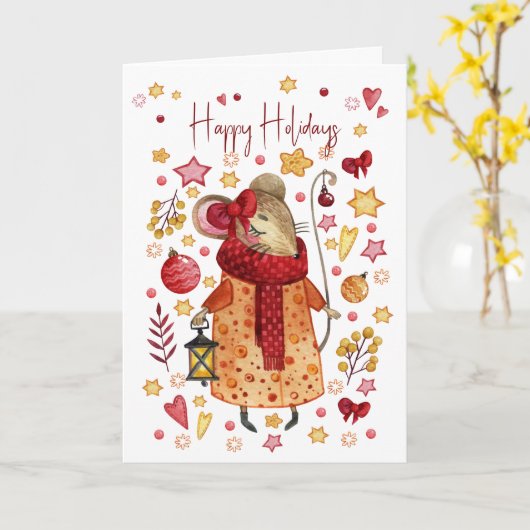 Kerstavond muis met lantaarn kaart (Gele Bloem)