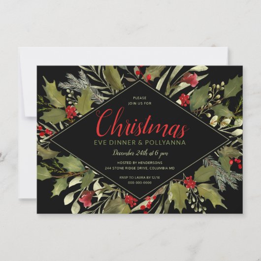 Kerstavond Party Waterverf Vintage Holly Kaart (Voorkant)
